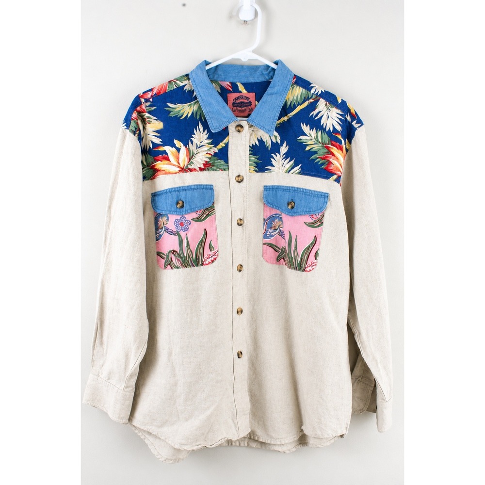 Vintage Cambridge Patchwork Floral Linen Blend Shirt 90s Boho Tropical Western